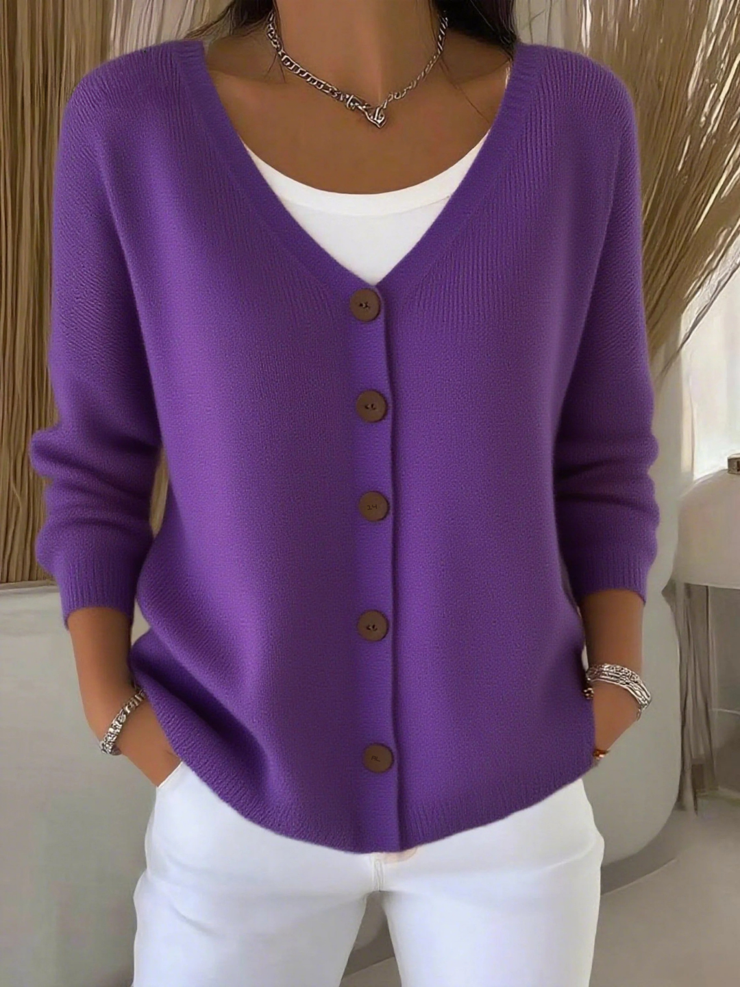 Women's Autumn Buttoned V-neck Cardigan Sweater