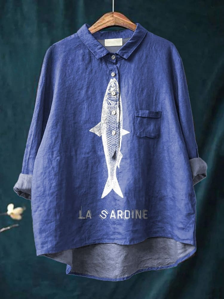 Sardine Fish Graphic Printed Women's Casual Linen Shirt