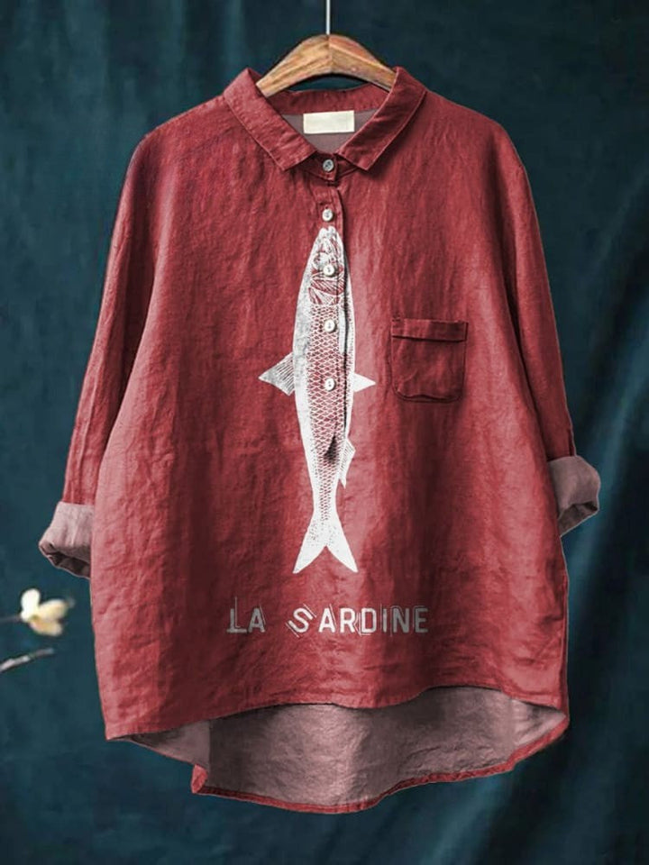 Sardine Fish Graphic Printed Women's Casual Linen Shirt