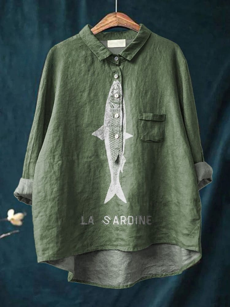 Sardine Fish Graphic Printed Women's Casual Linen Shirt